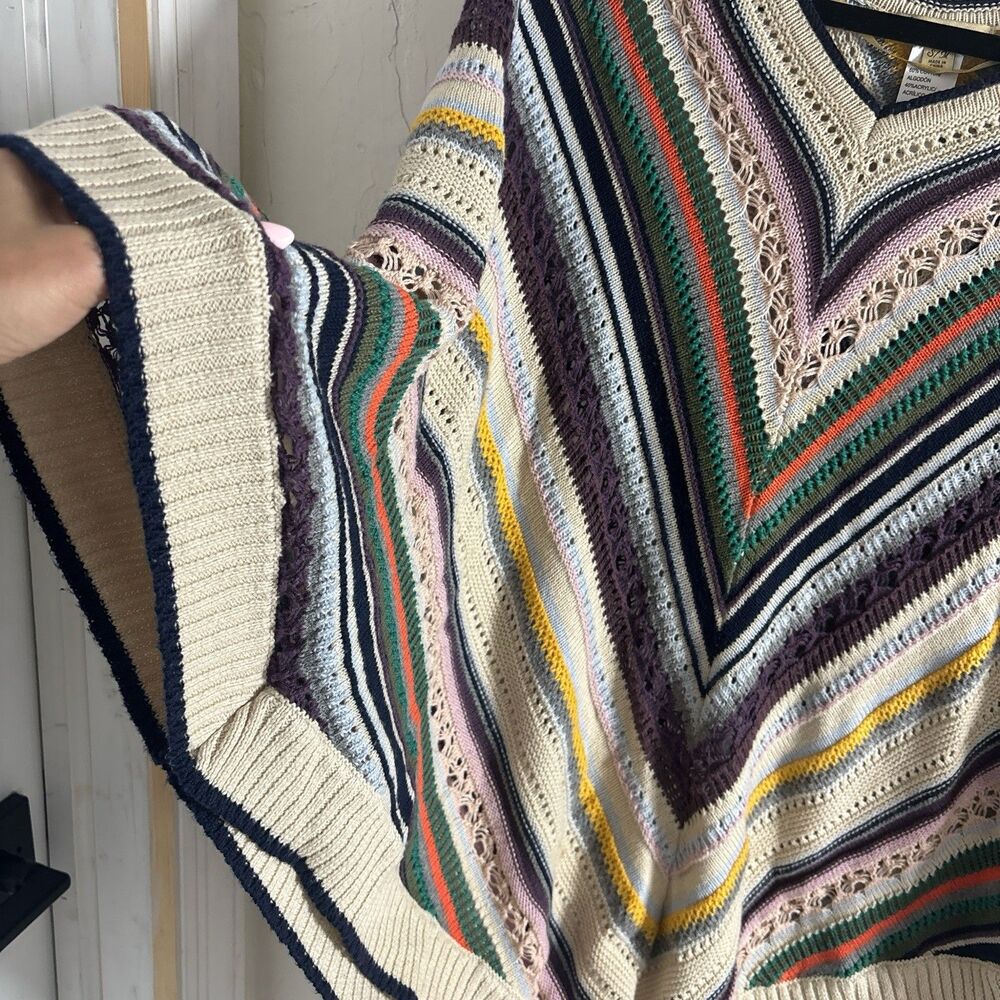 Democracy Multicolor Crochet Knit Poncho Sweater S/M Boho V-Neck Oversized - Picture 5 of 5